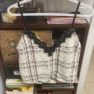 Zara Textured Plaid Cami Top with Lace Trim